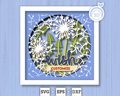 3D Dandelion Wish Shadow Box SVG Layered Dandelions SVG Custom Spring Shadow Box Flowers 3D Svg Floral 3d Svg Papercut svg Cricut Silhouette