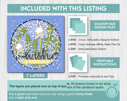 3D Dandelion Wish Shadow Box SVG Layered Dandelions SVG Custom Spring Shadow Box Flowers 3D Svg Floral 3d Svg Papercut svg Cricut Silhouette