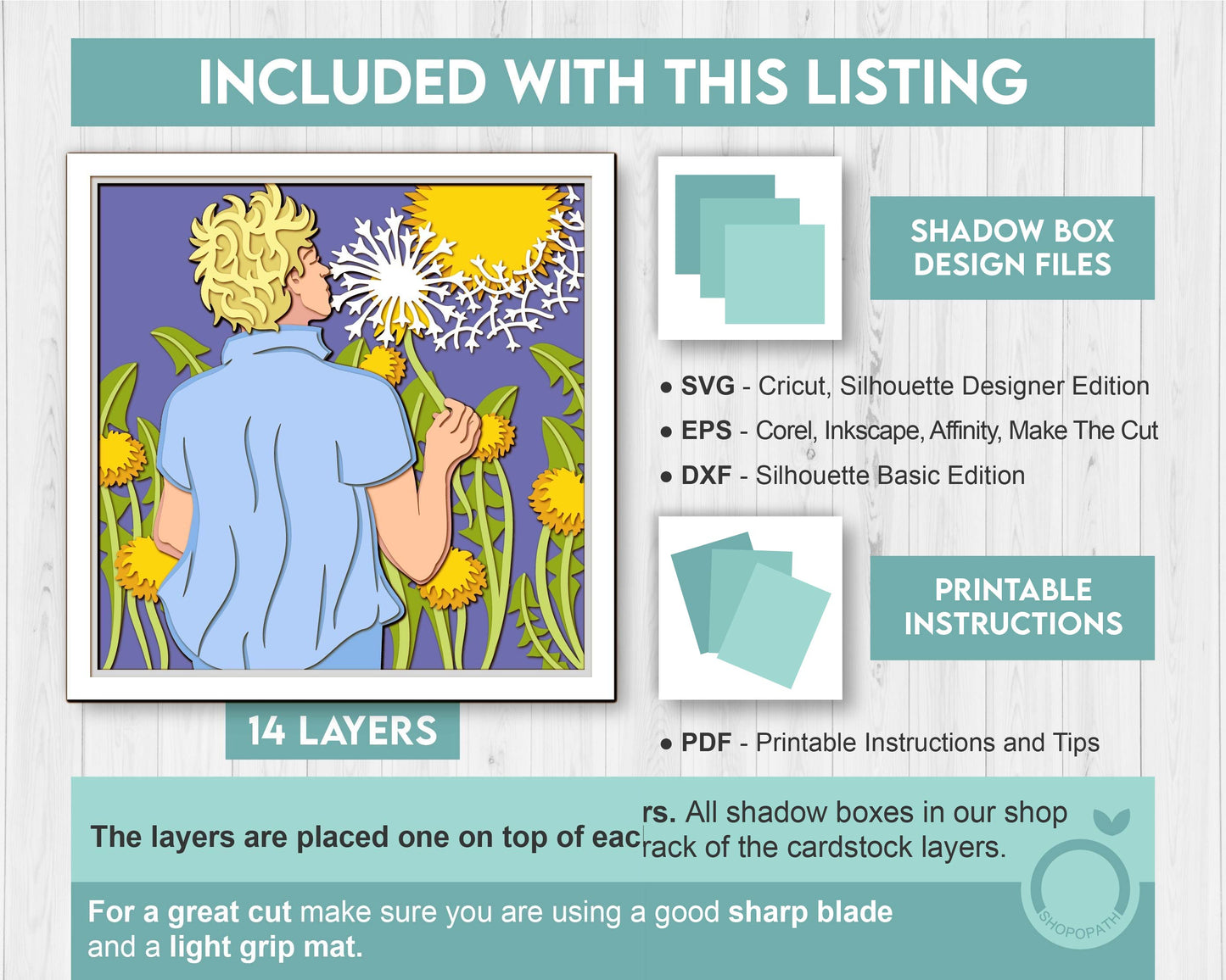 Man in Dandelion Field - 3D Shadow Box Layered SVG DXF EPS (Cutting Files)