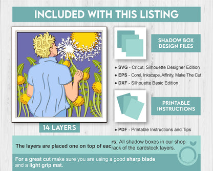 Man in Dandelion Field - 3D Shadow Box Layered SVG DXF EPS (Cutting Files)