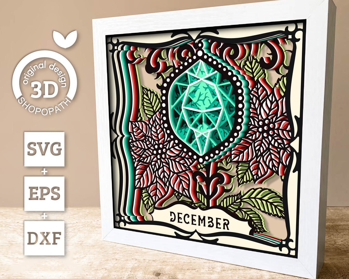 December Shadow Box 3D SVG Birth Month Turquoise Gemstone with Poinsettia Flowers, Tattoo Style, Cricut Silhouette With DXF Cutting Files
