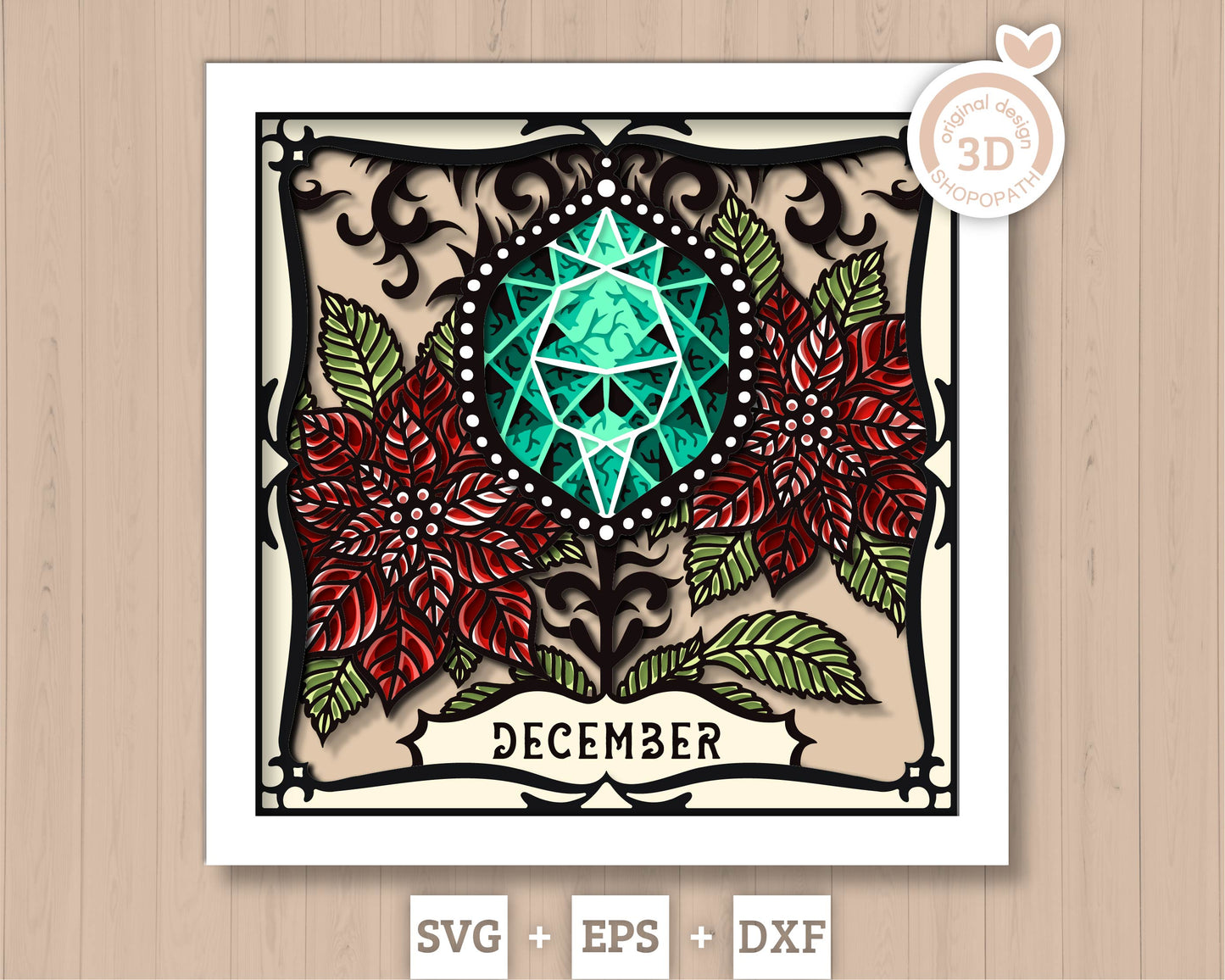 December Shadow Box 3D SVG Birth Month Turquoise Gemstone with Poinsettia Flowers, Tattoo Style, Cricut Silhouette With DXF Cutting Files