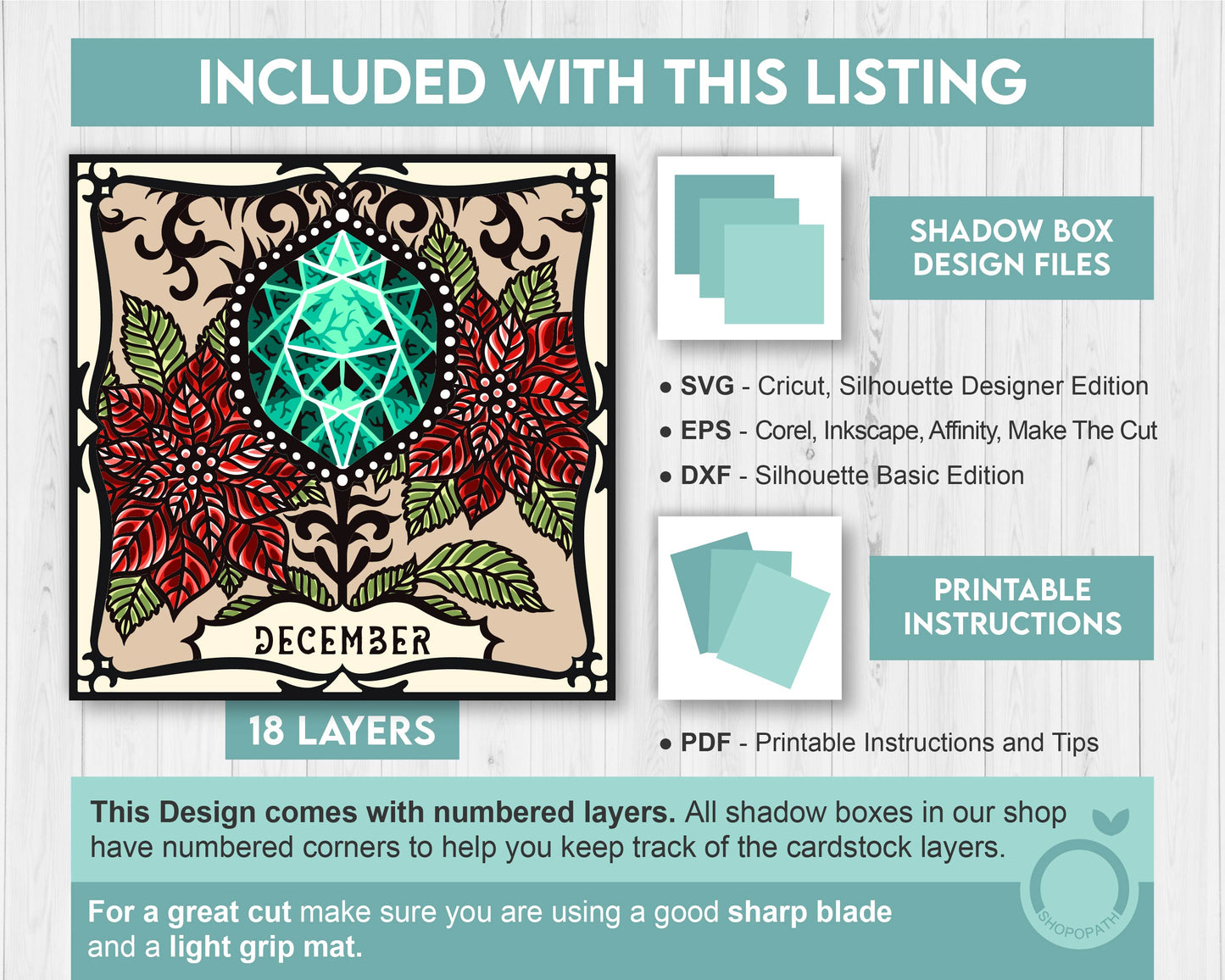 December Shadow Box 3D SVG Birth Month Turquoise Gemstone with Poinsettia Flowers, Tattoo Style, Cricut Silhouette With DXF Cutting Files