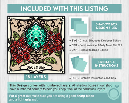 December Shadow Box 3D SVG Birth Month Turquoise Gemstone with Poinsettia Flowers, Tattoo Style, Cricut Silhouette With DXF Cutting Files