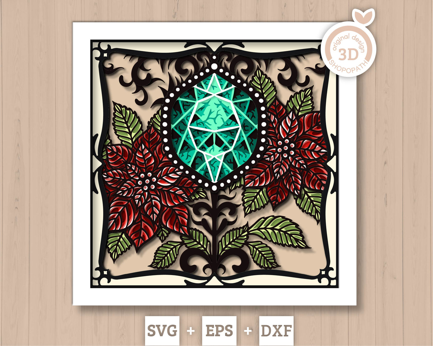 December Shadow Box 3D SVG Birth Month Turquoise Gemstone with Poinsettia Flowers, Tattoo Style, Cricut Silhouette With DXF Cutting Files