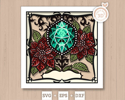 December Shadow Box 3D SVG Birth Month Turquoise Gemstone with Poinsettia Flowers, Tattoo Style, Cricut Silhouette With DXF Cutting Files