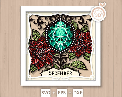 December Shadow Box 3D SVG Birth Month Turquoise Gemstone with Poinsettia Flowers, Tattoo Style, Cricut Silhouette With DXF Cutting Files