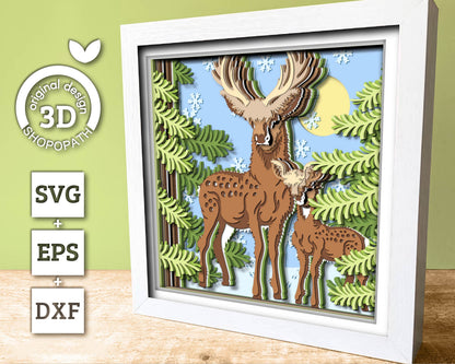 3D Father Deer With Baby Deer In Forest Shadow Box SVG, 3D Forest SVG, 3d svg Baby Deer, Winter 3d svg Cricut Silhouette
