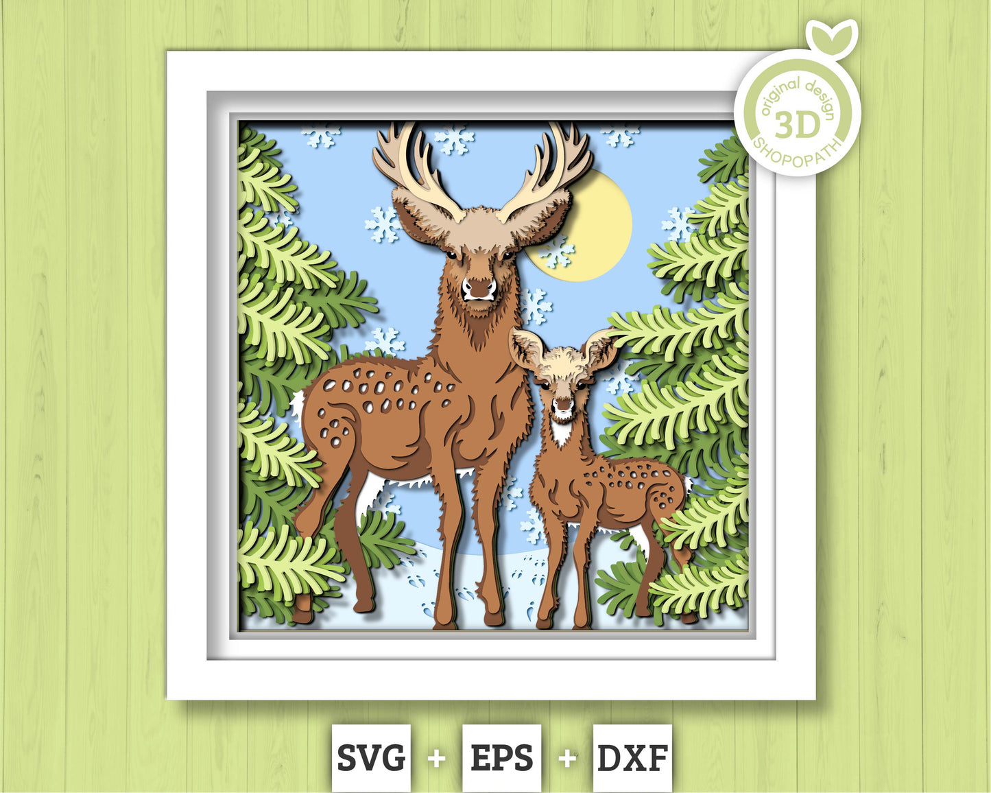 3D Father Deer With Baby Deer In Forest Shadow Box SVG, 3D Forest SVG, 3d svg Baby Deer, Winter 3d svg Cricut Silhouette