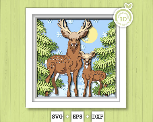 3D Father Deer With Baby Deer In Forest Shadow Box SVG, 3D Forest SVG, 3d svg Baby Deer, Winter 3d svg Cricut Silhouette