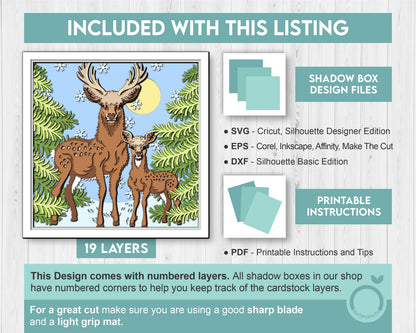 3D Father Deer With Baby Deer In Forest Shadow Box SVG, 3D Forest SVG, 3d svg Baby Deer, Winter 3d svg Cricut Silhouette