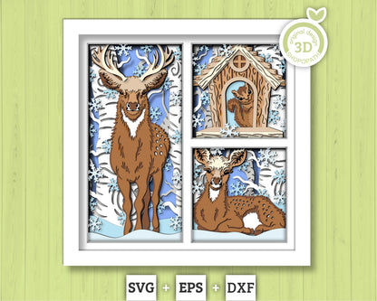 3D Deer With Doe In Forest Shadow Box SVG, 3D Forest SVG, 3D Doe svg, 3d svg Deer, Winter 3d svg, 3d SVG Squirrel, Cricut Silhouette
