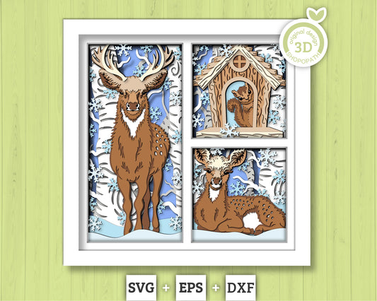3D Deer With Doe In Forest Shadow Box SVG, 3D Forest SVG, 3D Doe svg, 3d svg Deer, Winter 3d svg, 3d SVG Squirrel, Cricut Silhouette