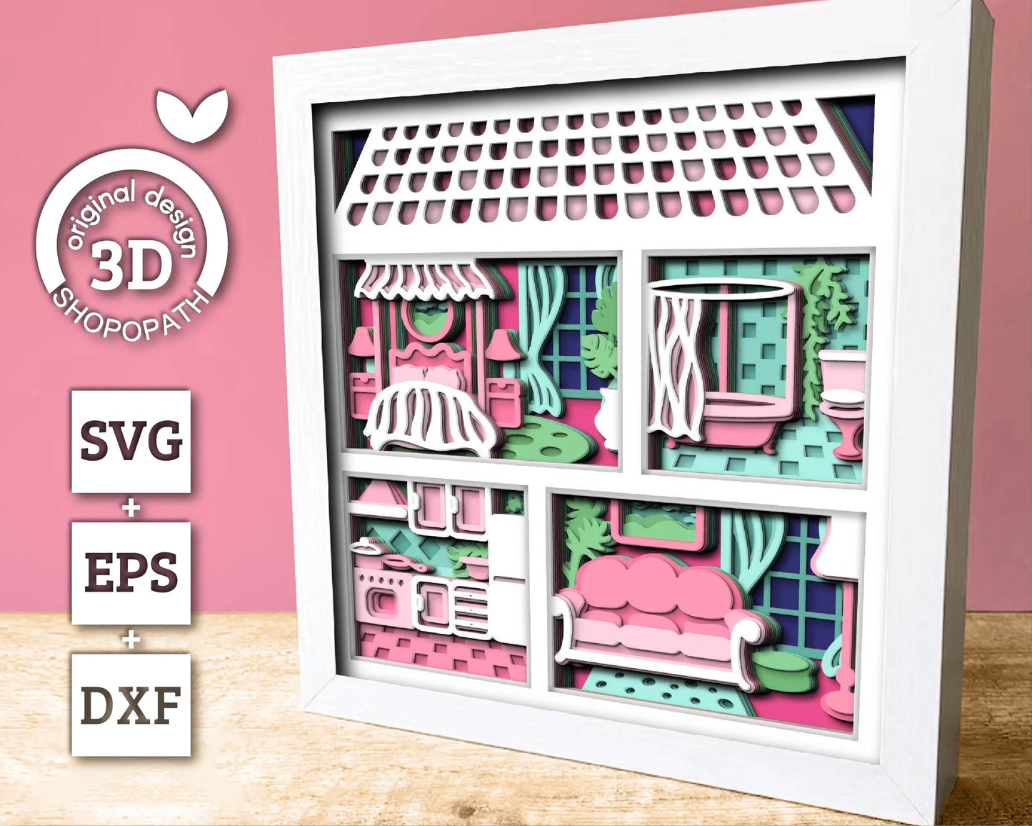 Dollhouse with Furniture - 3D Shadow Box Layered SVG DXF EPS (Cutting Files)