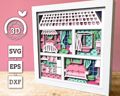 Dollhouse with Furniture - 3D Shadow Box Layered SVG DXF EPS (Cutting Files)