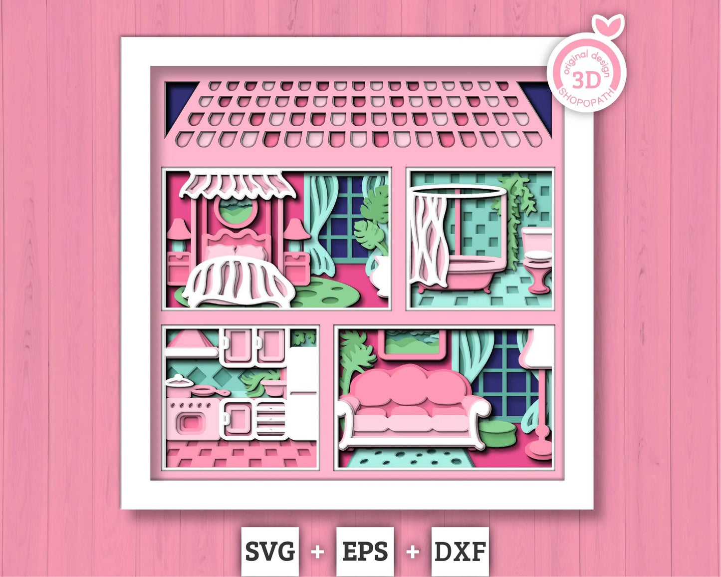 Dollhouse with Furniture - 3D Shadow Box Layered SVG DXF EPS (Cutting Files)
