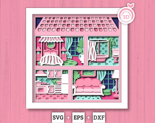 Dollhouse with Furniture - 3D Shadow Box Layered SVG DXF EPS (Cutting Files)