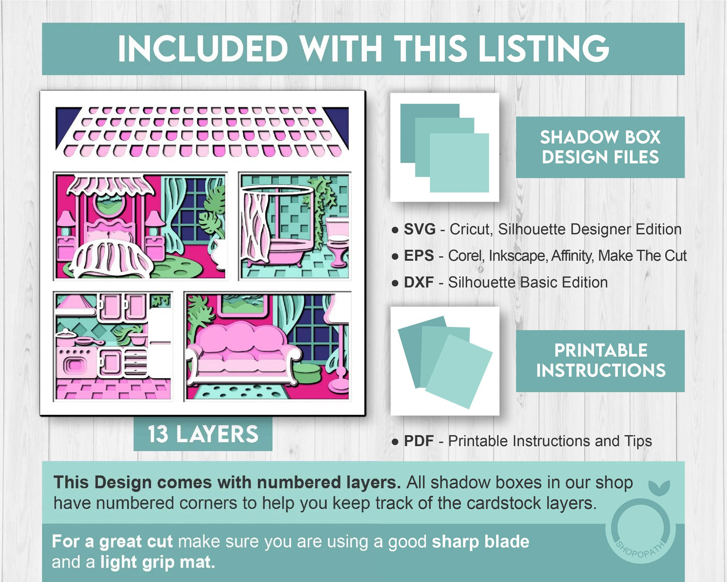 Dollhouse with Furniture - 3D Shadow Box Layered SVG DXF EPS (Cutting Files)