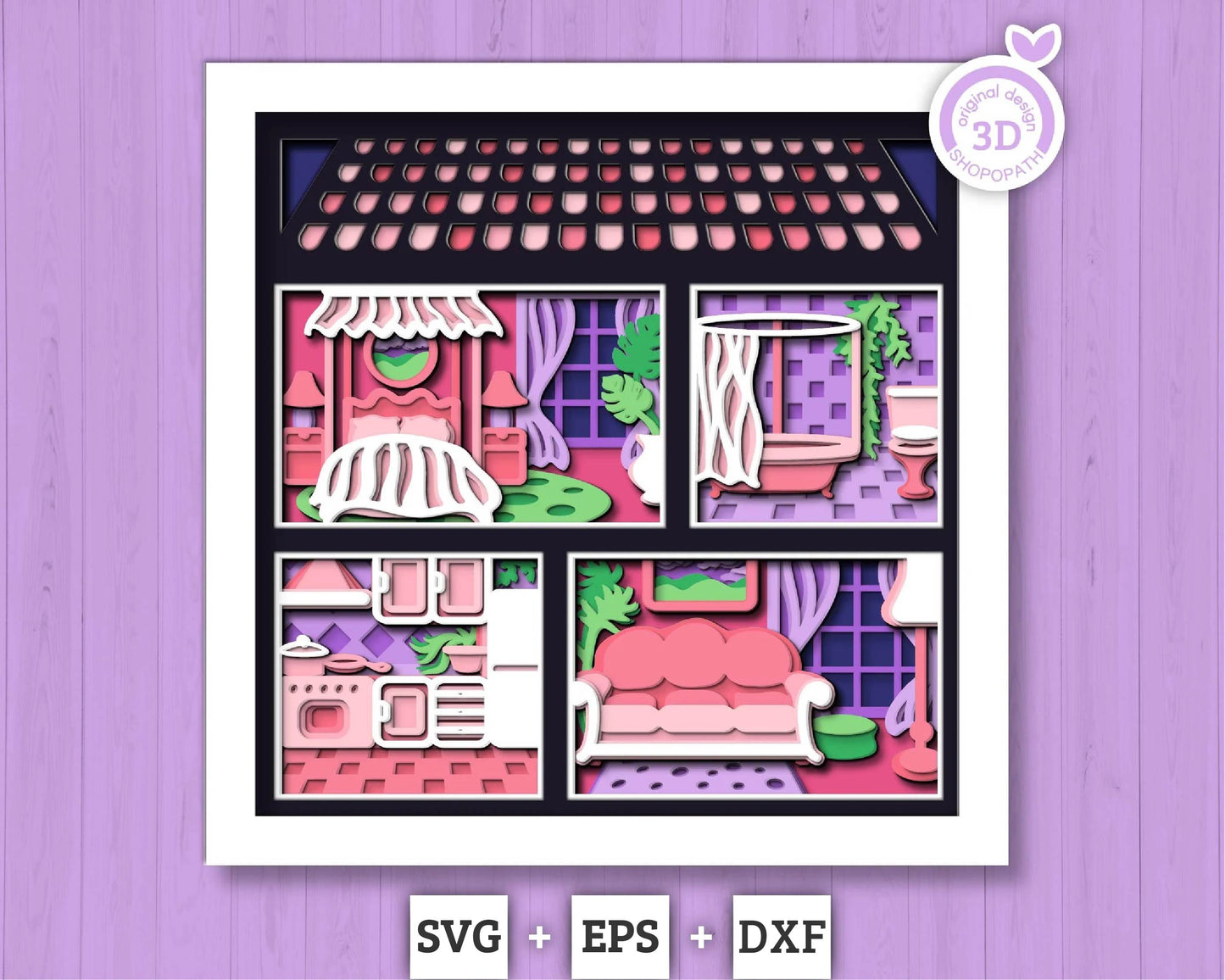 Dollhouse with Furniture - 3D Shadow Box Layered SVG DXF EPS (Cutting Files)