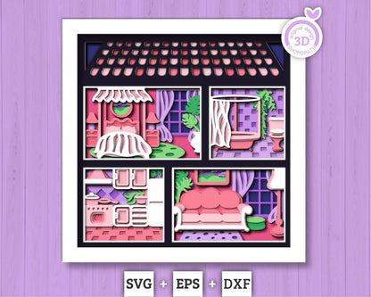 Dollhouse with Furniture - 3D Shadow Box Layered SVG DXF EPS (Cutting Files)
