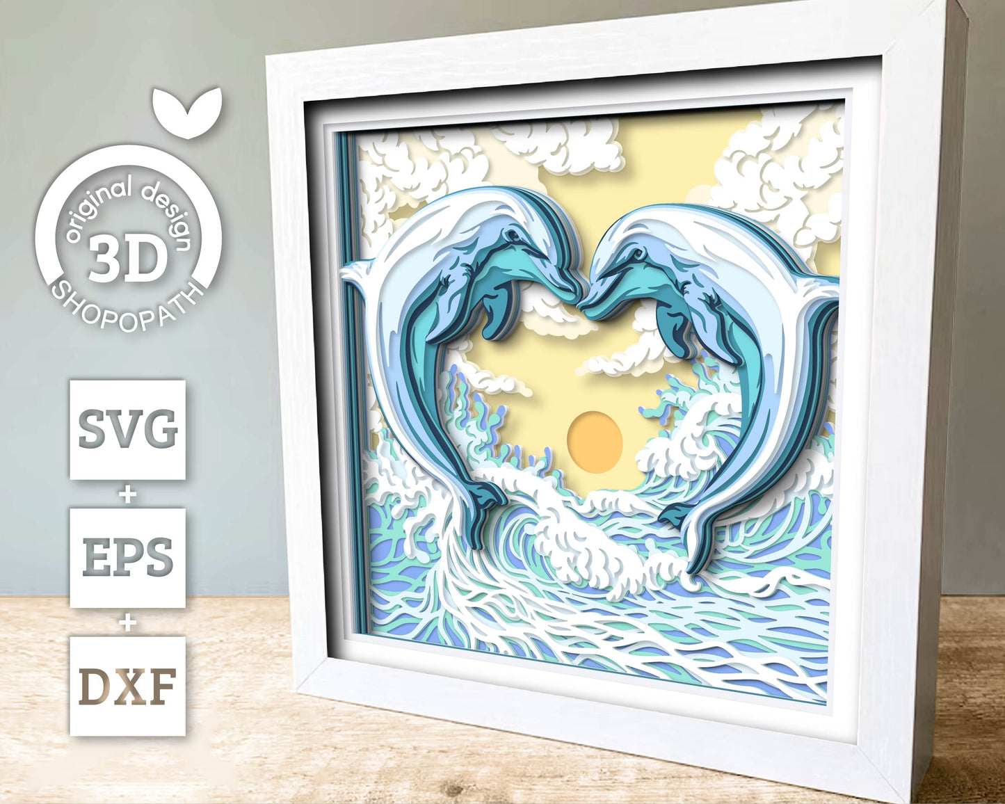 Dolphin Couple Swimming in Waves - 3D Shadow Box Layered SVG DXF EPS (Cutting Files)