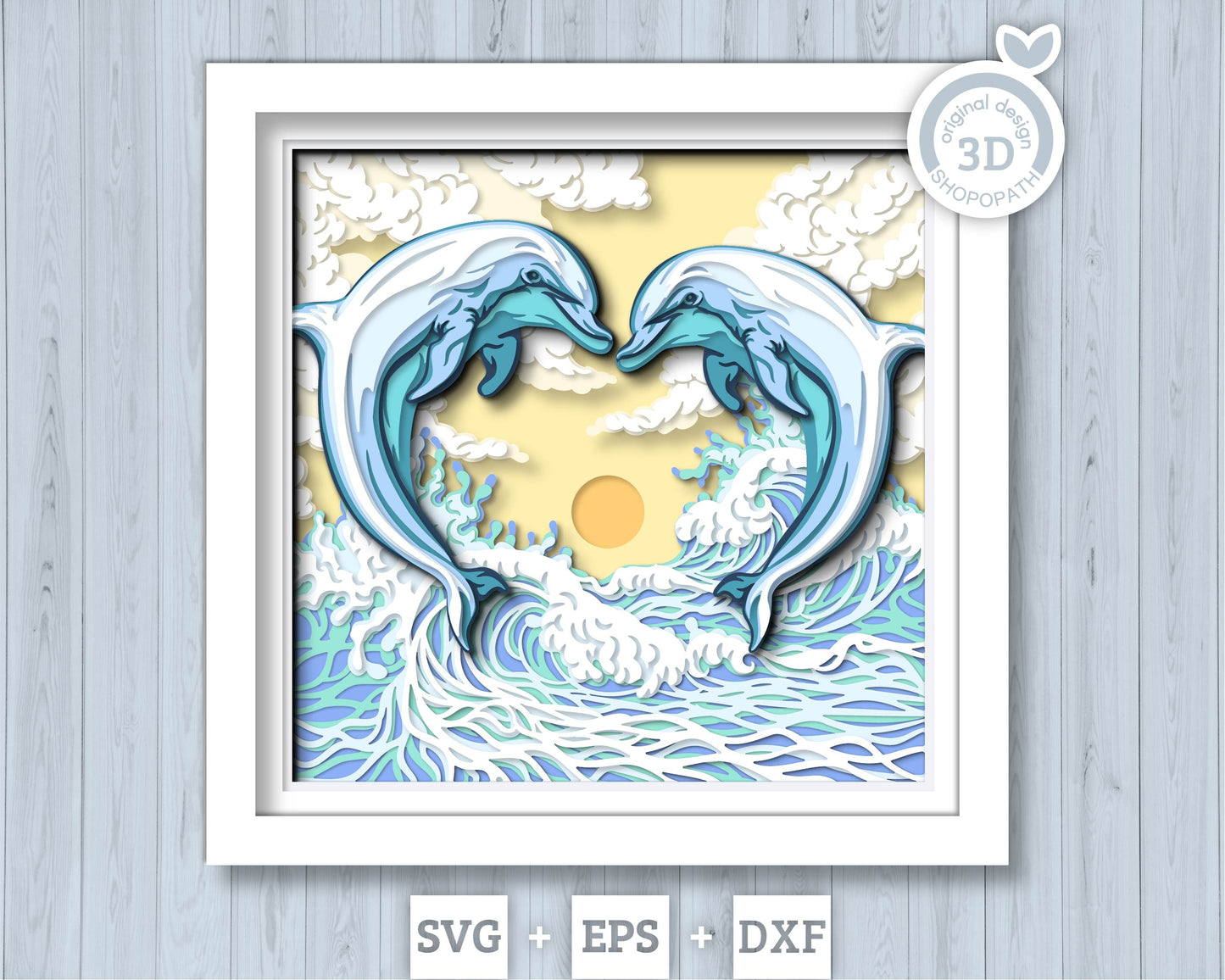 Dolphin Couple Swimming in Waves - 3D Shadow Box Layered SVG DXF EPS (Cutting Files)