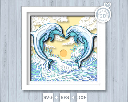 Dolphin Couple Swimming in Waves - 3D Shadow Box Layered SVG DXF EPS (Cutting Files)
