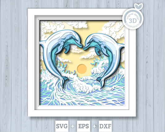 Dolphin Couple Swimming in Waves - 3D Shadow Box Layered SVG DXF EPS (Cutting Files)