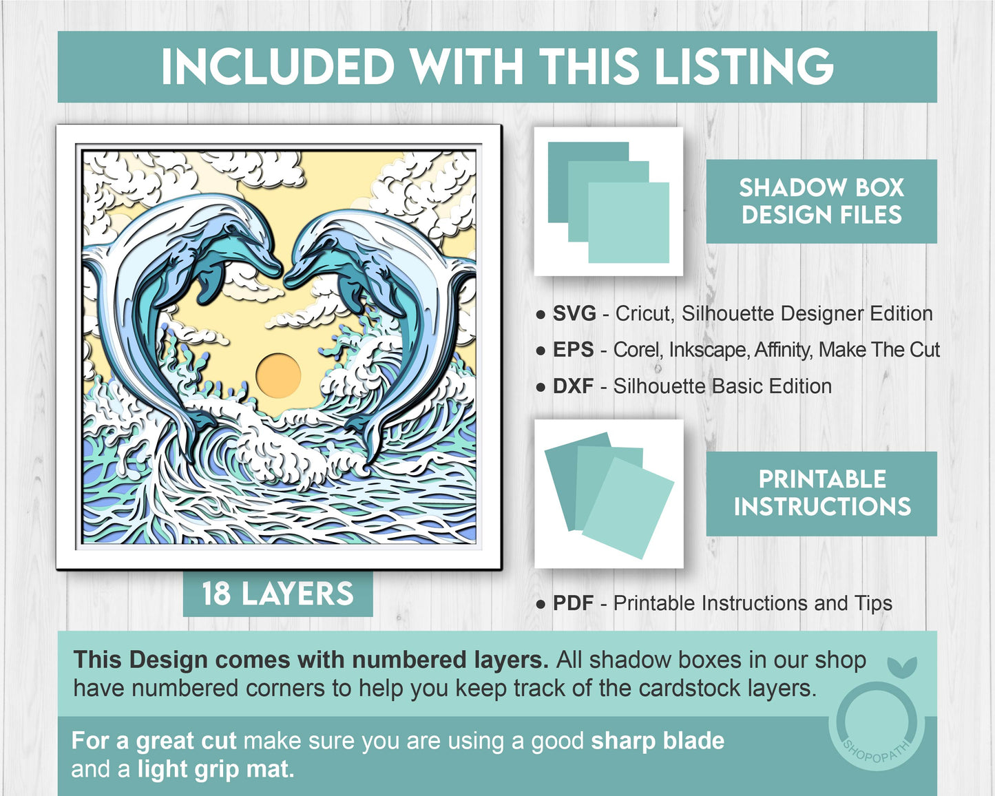 Dolphin Couple Swimming in Waves - 3D Shadow Box Layered SVG DXF EPS (Cutting Files)