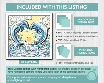 Dolphin Couple Swimming in Waves - 3D Shadow Box Layered SVG DXF EPS (Cutting Files)