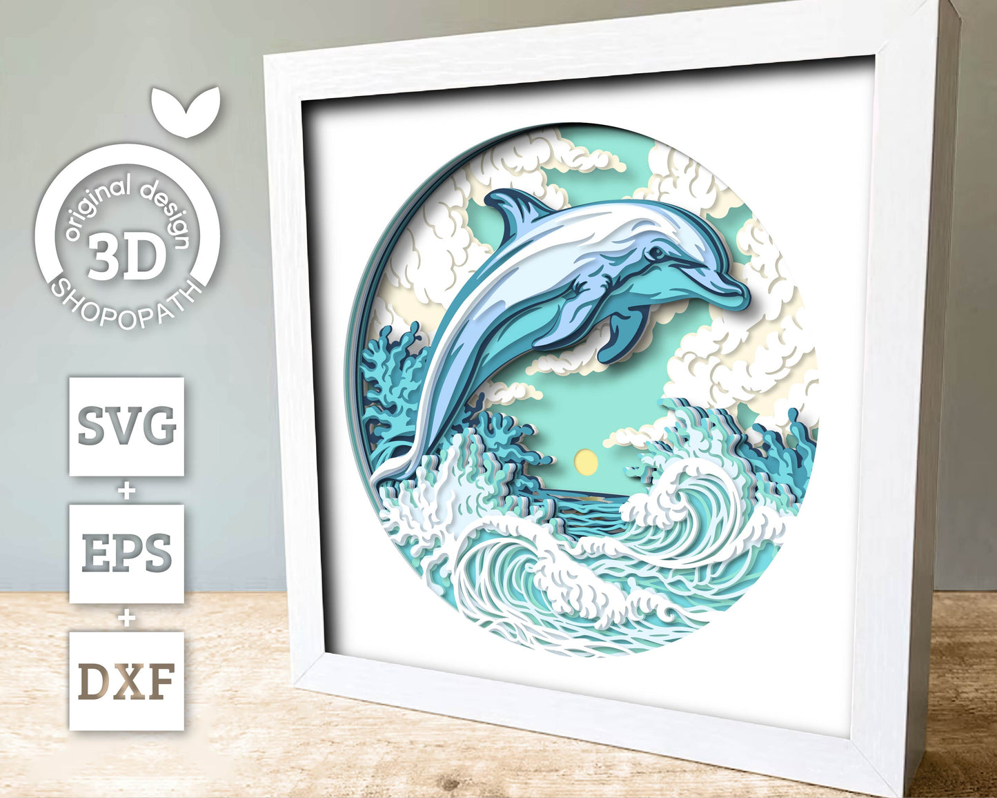 Dolphin Swimming in Waves - 3D Shadow Box Layered SVG DXF EPS (Cutting Files)