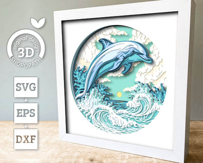 Dolphin Swimming in Waves - 3D Shadow Box Layered SVG DXF EPS (Cutting Files)