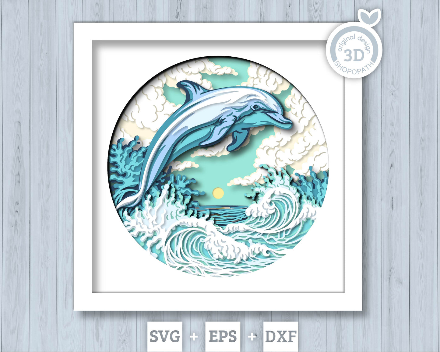 Dolphin Swimming in Waves - 3D Shadow Box Layered SVG DXF EPS (Cutting Files)