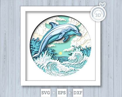 Dolphin Swimming in Waves - 3D Shadow Box Layered SVG DXF EPS (Cutting Files)