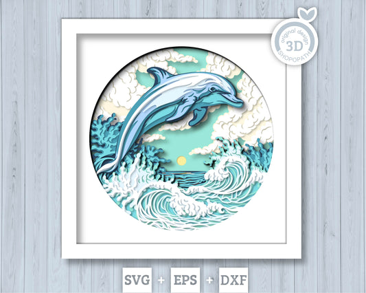 Dolphin Swimming in Waves - 3D Shadow Box Layered SVG DXF EPS (Cutting Files)