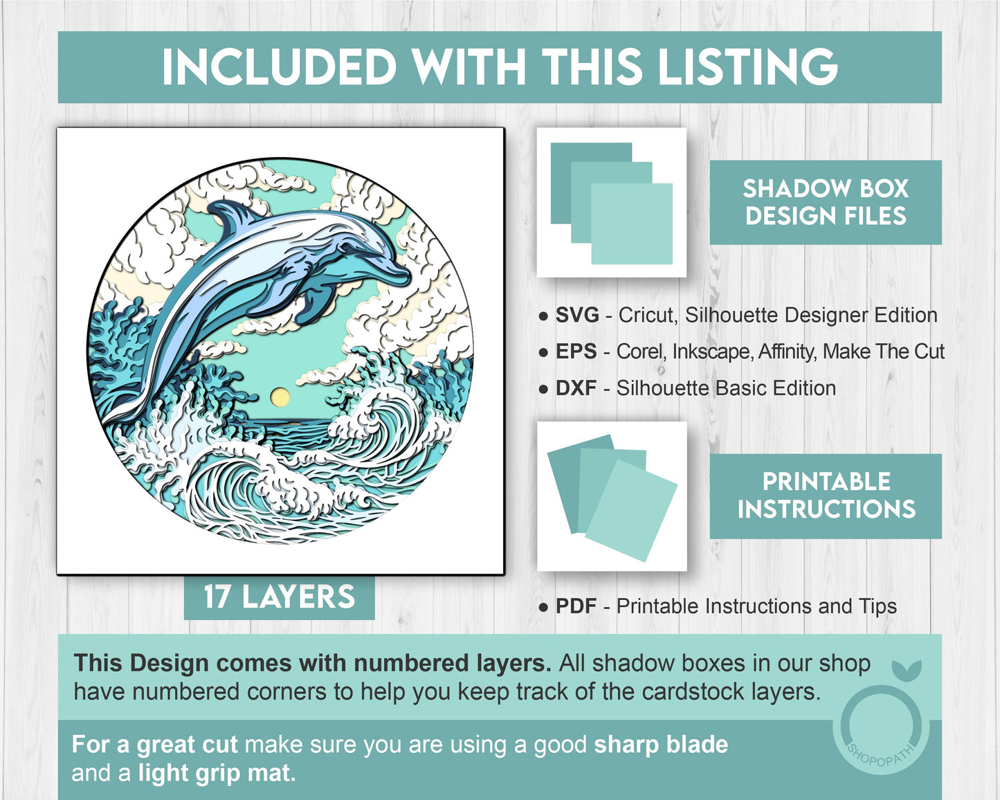 Dolphin Swimming in Waves - 3D Shadow Box Layered SVG DXF EPS (Cutting Files)