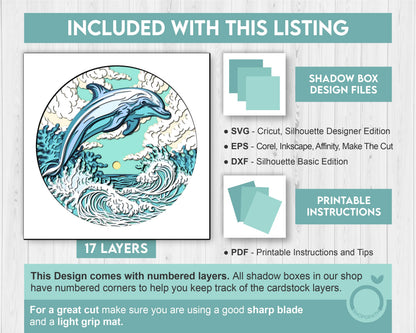 Dolphin Swimming in Waves - 3D Shadow Box Layered SVG DXF EPS (Cutting Files)