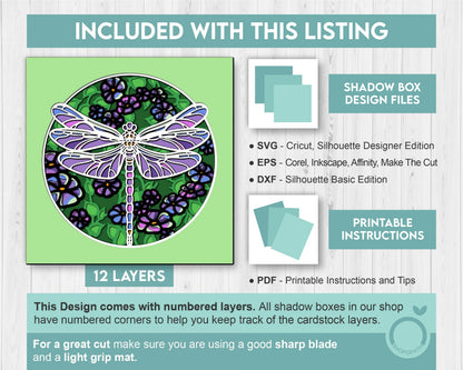 3D Layered Dragonfly SVG PDF EPS, Dragonfly Shadow Box, Dragonfly 3D Svg, Flowers 3d svg, Flowers Layered Papercut svg, Cricut Silhouette