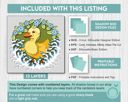 Baby Duck with Forget-Me-Not Flowers - 3D Shadow Box Layered SVG DXF EPS (Cutting Files)
