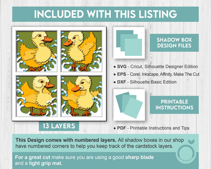 Baby Ducklings Splashing Panels - 3D Shadow Box Layered SVG DXF EPS (Cutting Files)