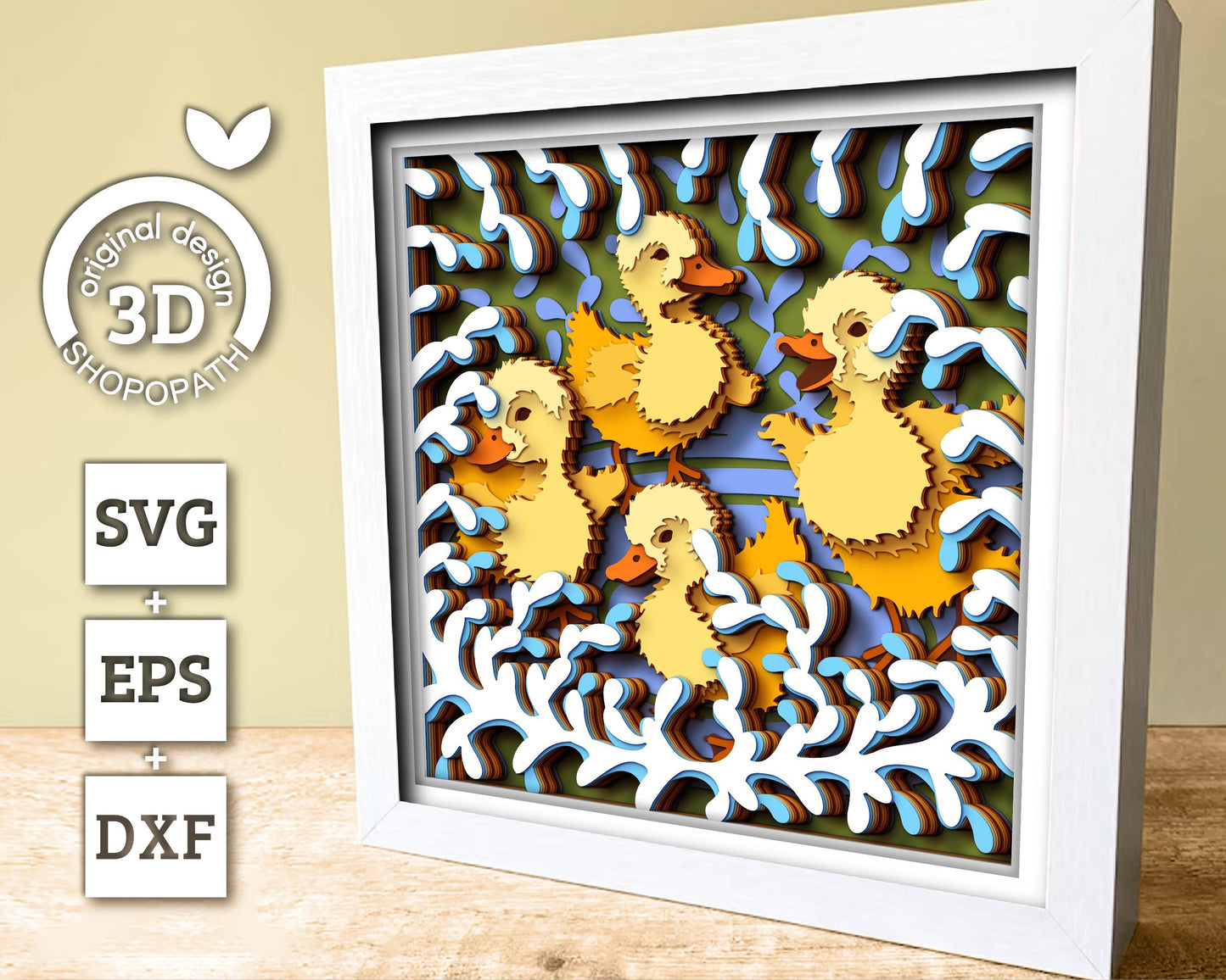 Spring Baby Ducks Playing - 3D Shadow Box Layered SVG DXF EPS (Cutting Files)