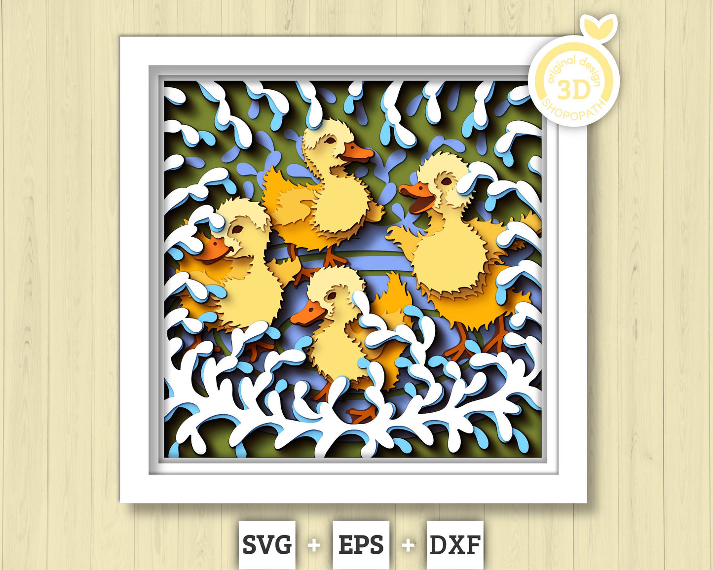 Spring Baby Ducks Playing - 3D Shadow Box Layered SVG DXF EPS (Cutting Files)