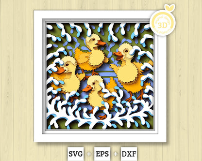 Spring Baby Ducks Playing - 3D Shadow Box Layered SVG DXF EPS (Cutting Files)