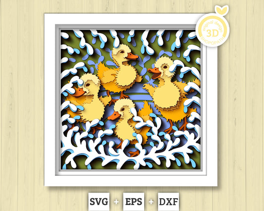 Spring Baby Ducks Playing - 3D Shadow Box Layered SVG DXF EPS (Cutting Files)
