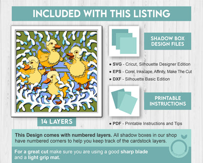 Spring Baby Ducks Playing - 3D Shadow Box Layered SVG DXF EPS (Cutting Files)