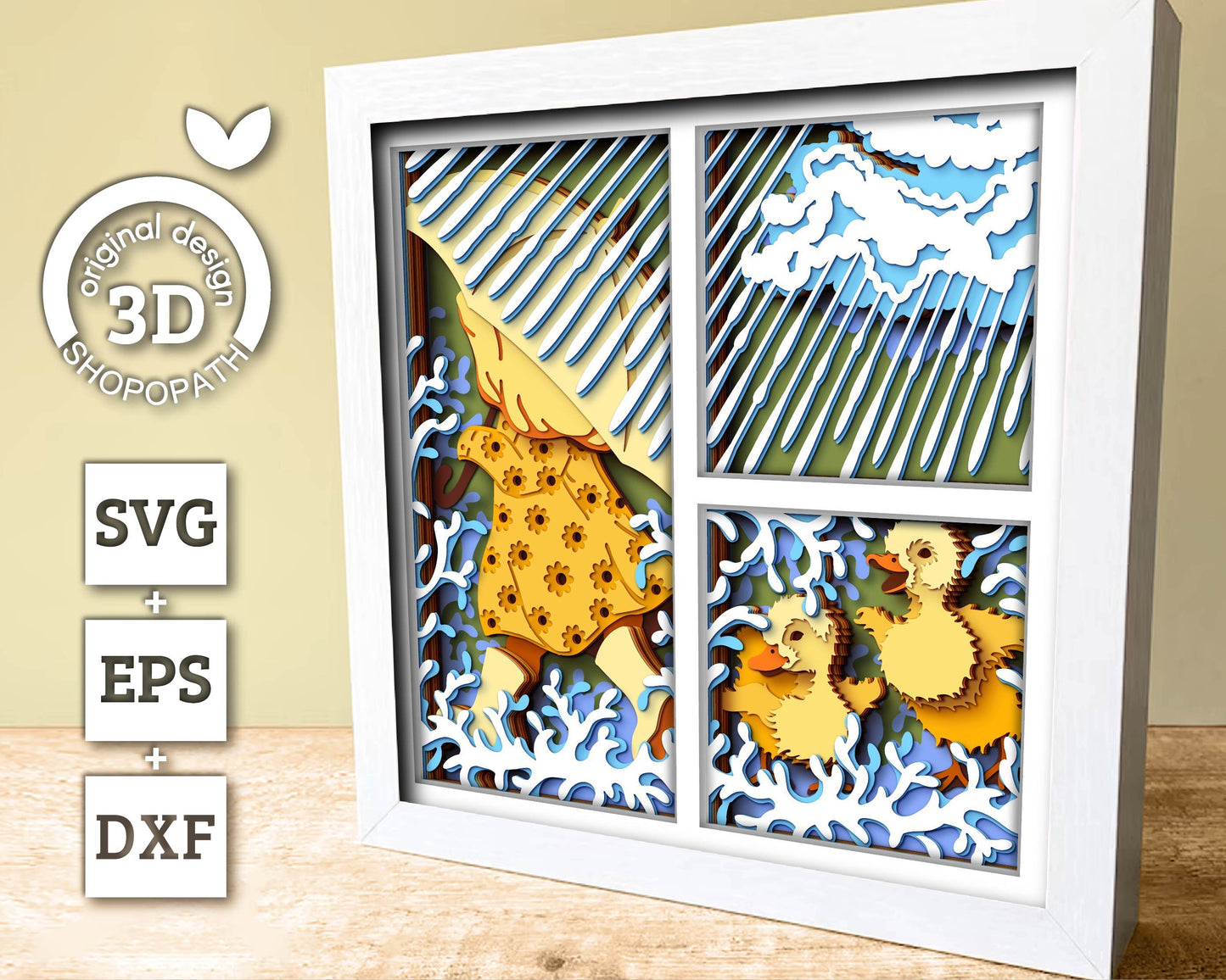 Girl with Ducklings in Rain Panels - 3D Shadow Box Layered SVG DXF EPS (Cutting Files)