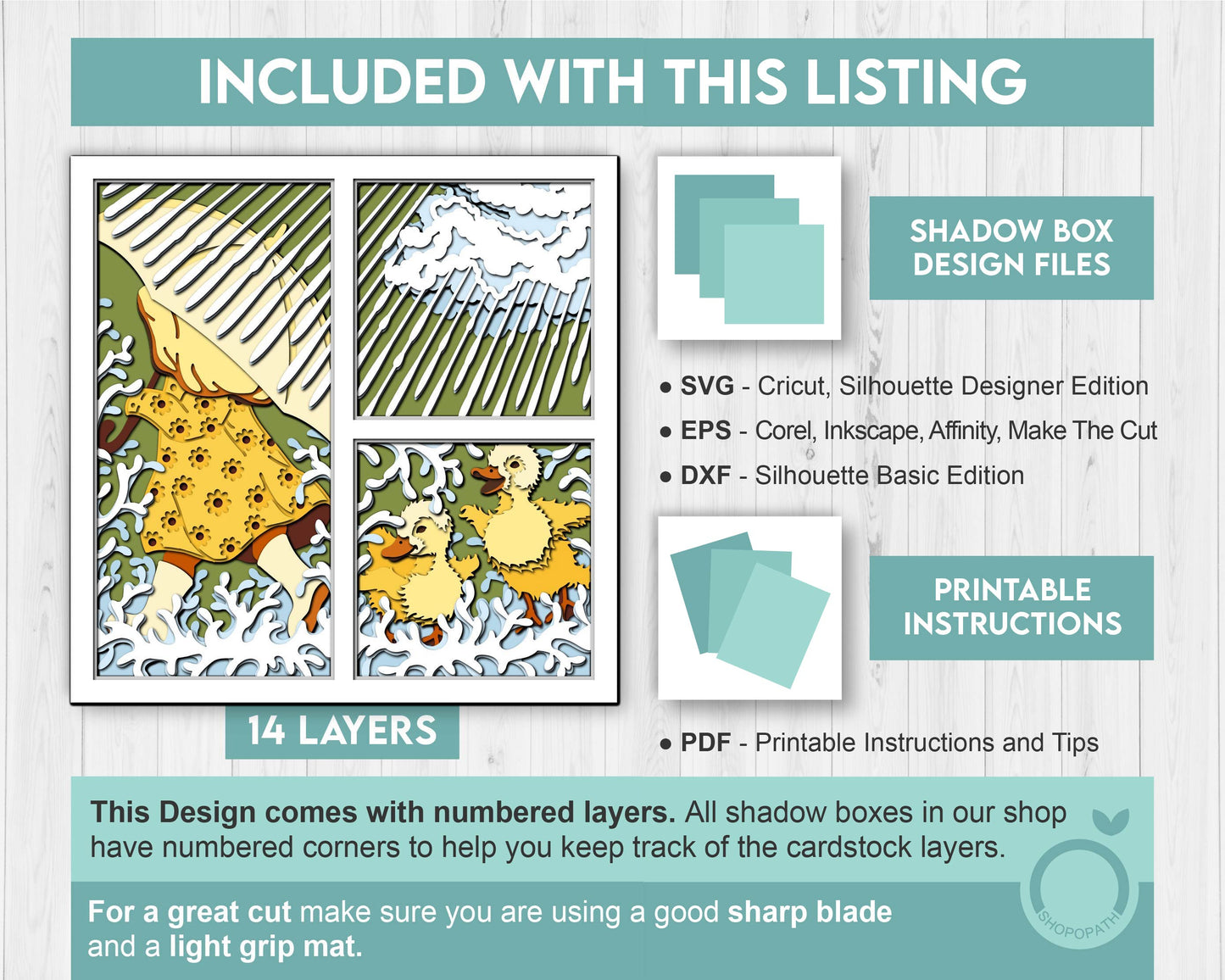 Girl with Ducklings in Rain Panels - 3D Shadow Box Layered SVG DXF EPS (Cutting Files)