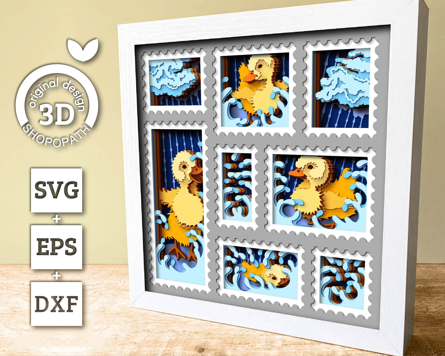 Baby Ducklings in Rain Stamps - 3D Shadow Box Layered SVG DXF EPS (Cutting Files)