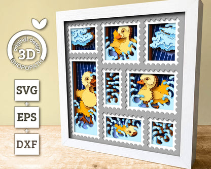 Baby Ducklings in Rain Stamps - 3D Shadow Box Layered SVG DXF EPS (Cutting Files)