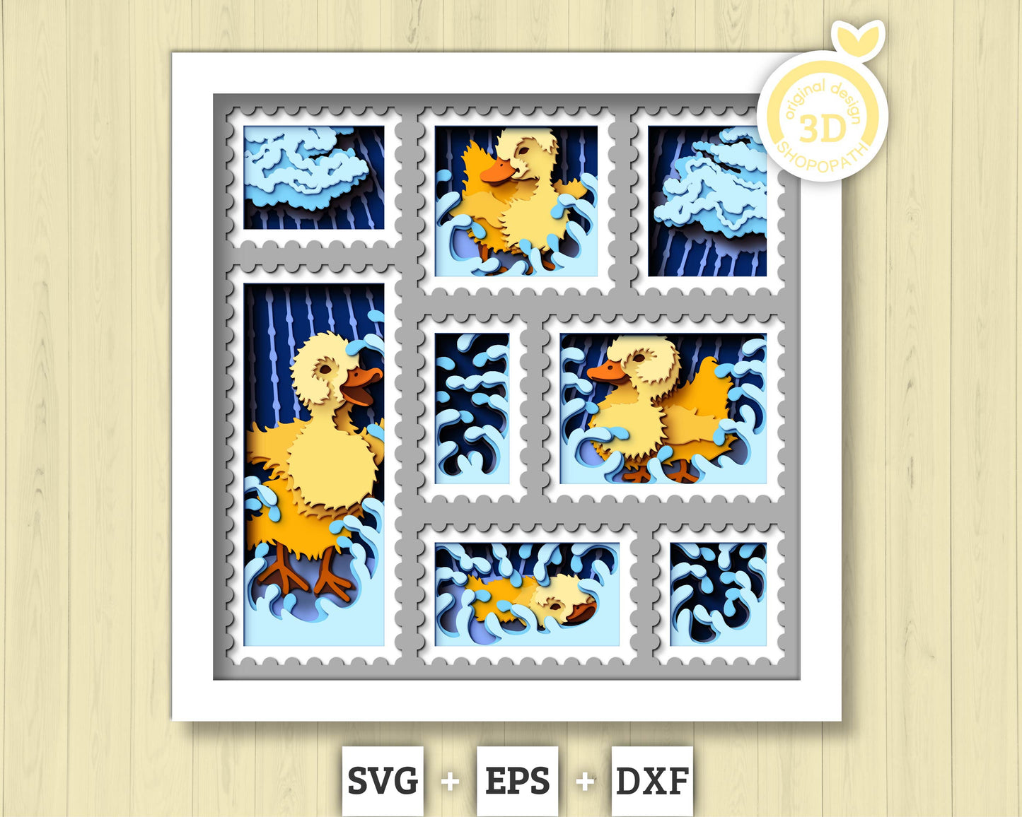 Baby Ducklings in Rain Stamps - 3D Shadow Box Layered SVG DXF EPS (Cutting Files)